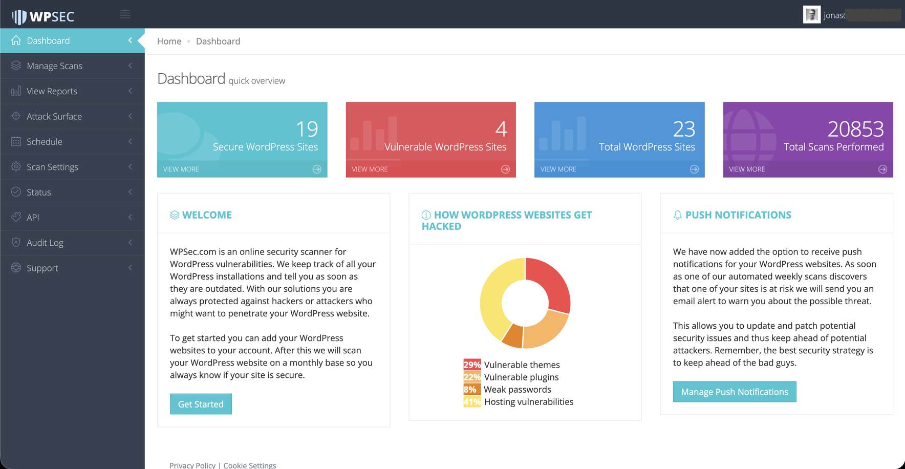 WPSec all-in-one dashboard showing WordPress site security status
